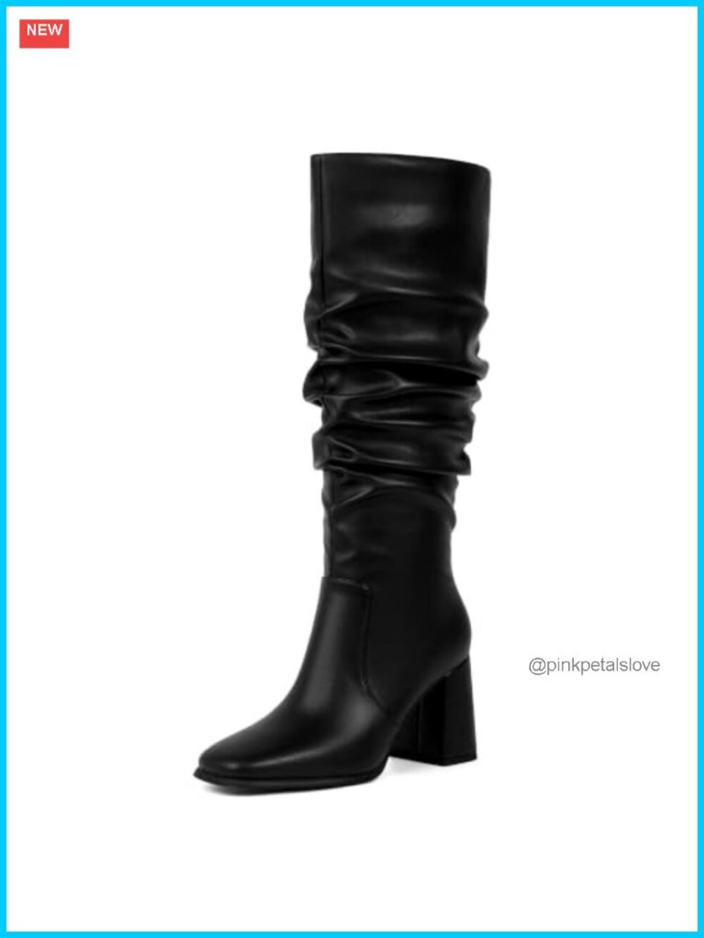 Faux Leather Square Toe Knee High Boots Chunky Heel Tall Zip Boots